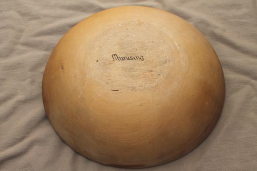photo of big old wood salad bowl signed Munising, primitive vintage wooden bowl #3