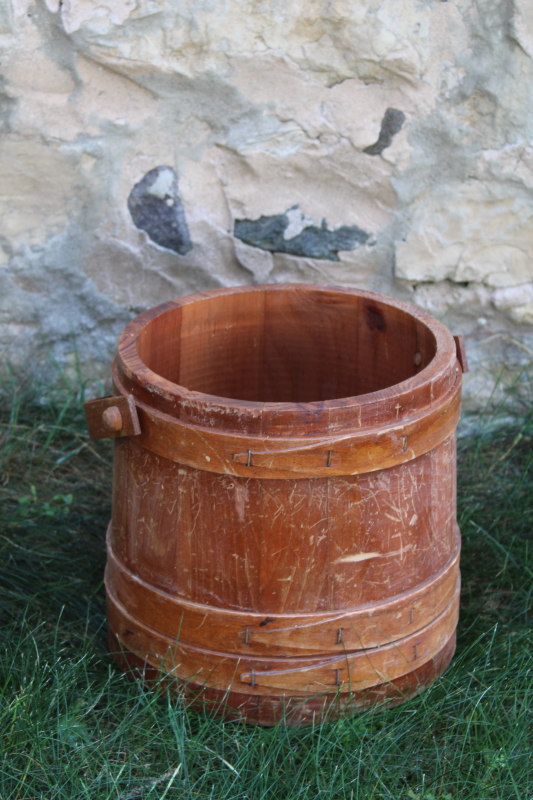 photo of big old wood stave bucket, banded wooden pail, rustic primitive vintage farmhouse decor #1