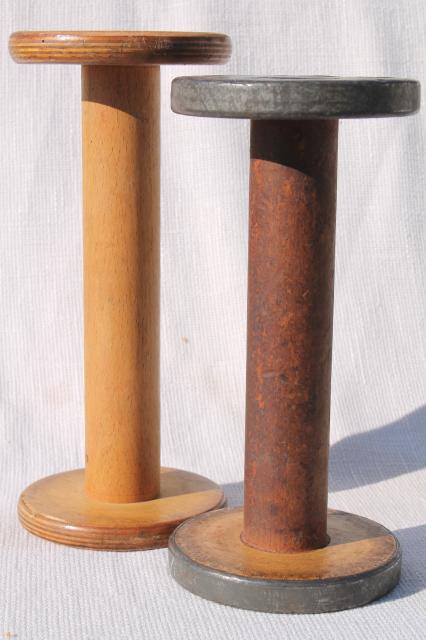 photo of big old wooden spools, primitive wood yarn spool rustic pedestals #1