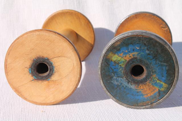 photo of big old wooden spools, primitive wood yarn spool rustic pedestals #2