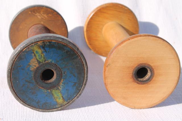 photo of big old wooden spools, primitive wood yarn spool rustic pedestals #4