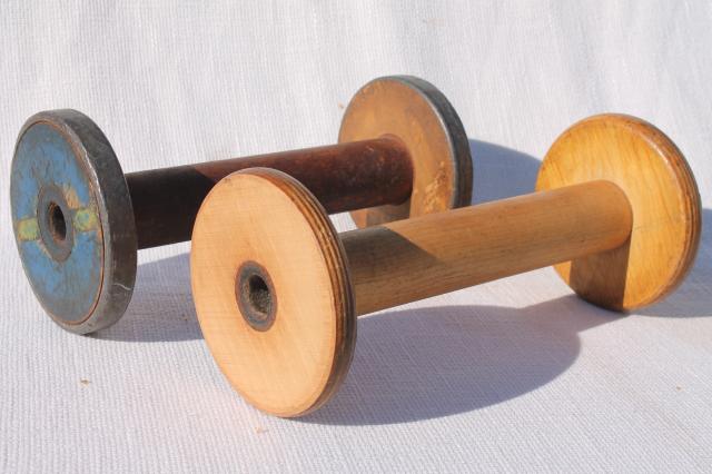 photo of big old wooden spools, primitive wood yarn spool rustic pedestals #5