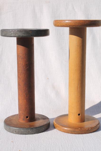 photo of big old wooden spools, primitive wood yarn spool rustic pedestals #6