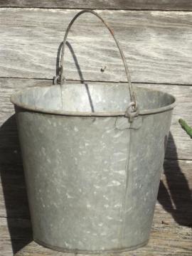 catalog photo of big old zinc metal farm pail, primitive vintage dairy or garden bucket