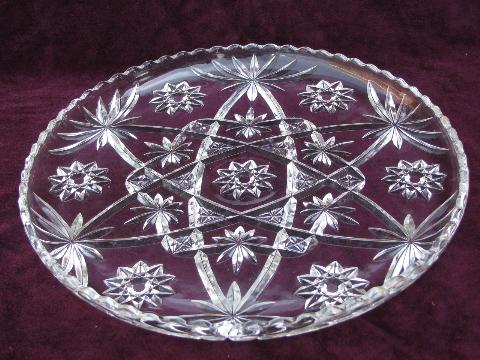 photo of big pressed glass cake plate, vintage Anchor Hocking pres-cut pattern #1