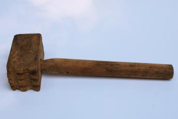 catalog photo of big primitive old wood kitchen mallet meat hammer, vintage french country kitchen style 