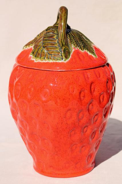 photo of big red strawberry, 70s 80s vintage handmade ceramic cookie jar, retro! #3