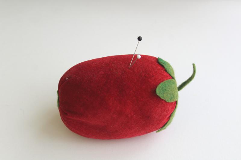 photo of big red tomato or strawberry pincushion, old red velvet stuffed w/ sawdust #1