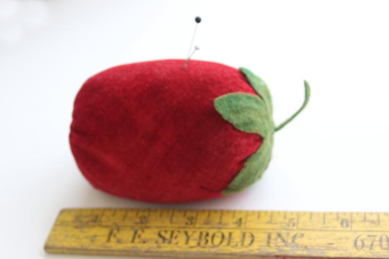 photo of big red tomato or strawberry pincushion, old red velvet stuffed w/ sawdust #2