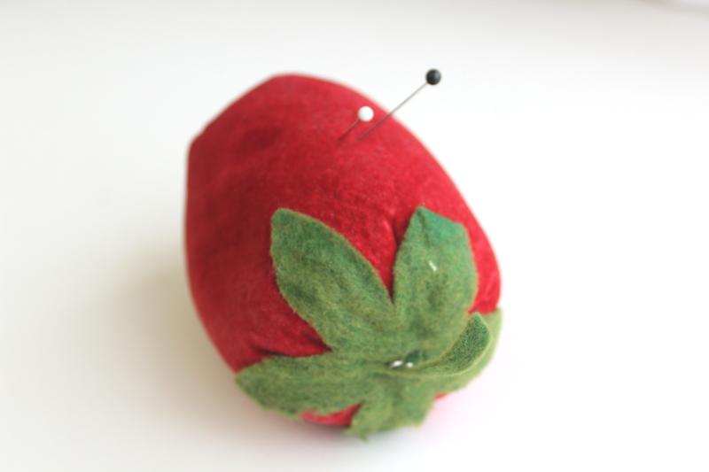 photo of big red tomato or strawberry pincushion, old red velvet stuffed w/ sawdust #3