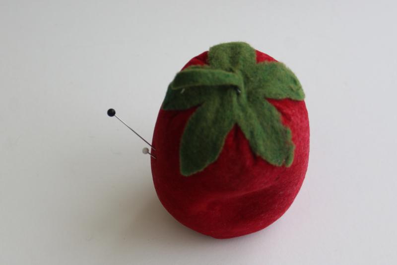 photo of big red tomato or strawberry pincushion, old red velvet stuffed w/ sawdust #4