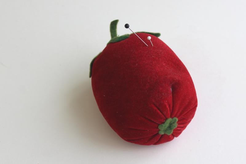 photo of big red tomato or strawberry pincushion, old red velvet stuffed w/ sawdust #5