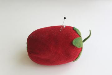 big red tomato or strawberry pincushion, old red velvet stuffed w/ sawdust