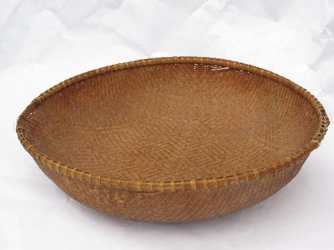 photo of big round bottomed woven bowl, vintage camp souvenir Indian basket #1