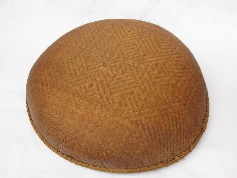 photo of big round bottomed woven bowl, vintage camp souvenir Indian basket #3