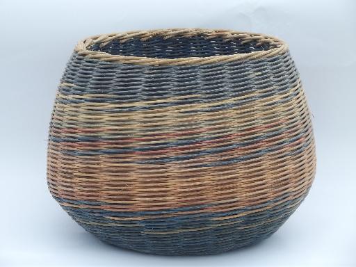 photo of big round bottomed woven wicker basket, 80s vintage, colored stripes #1