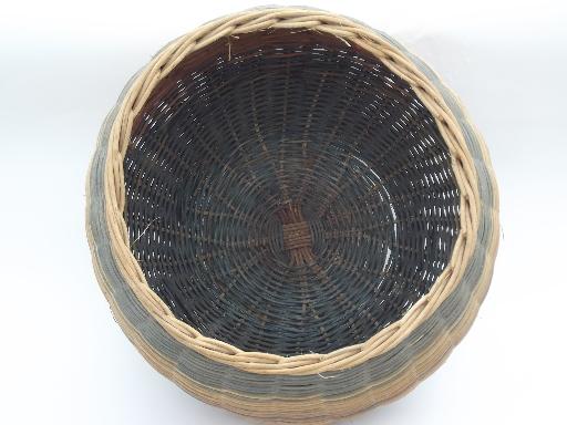 photo of big round bottomed woven wicker basket, 80s vintage, colored stripes #2