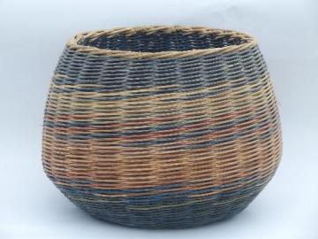 catalog photo of big round bottomed woven wicker basket, 80s vintage, colored stripes