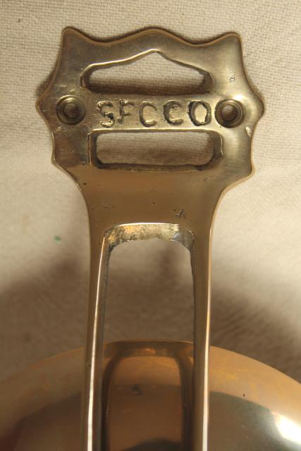 photo of big shiny solid brass doorbell, vintage trolley bell w/ door mount bracket hardware #8