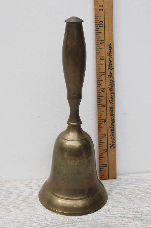 photo of big solid brass hand bell, old fashioned school bell for teachers desk #1