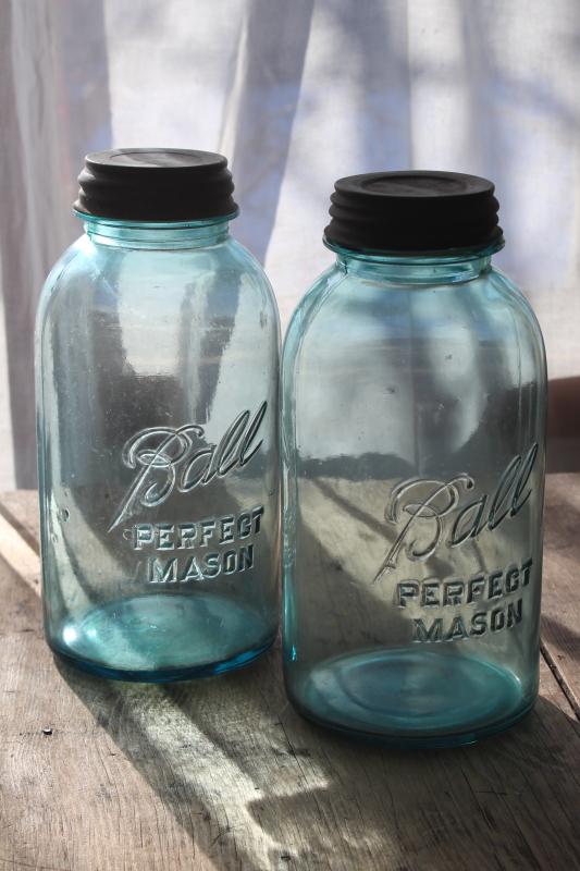 photo of big two quart size vintage Ball Mason jars w/ zinc lids, old aqua blue glass canning jars #1