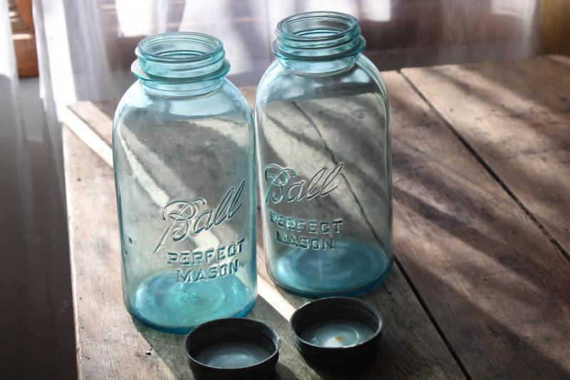 photo of big two quart size vintage Ball Mason jars w/ zinc lids, old aqua blue glass canning jars #3