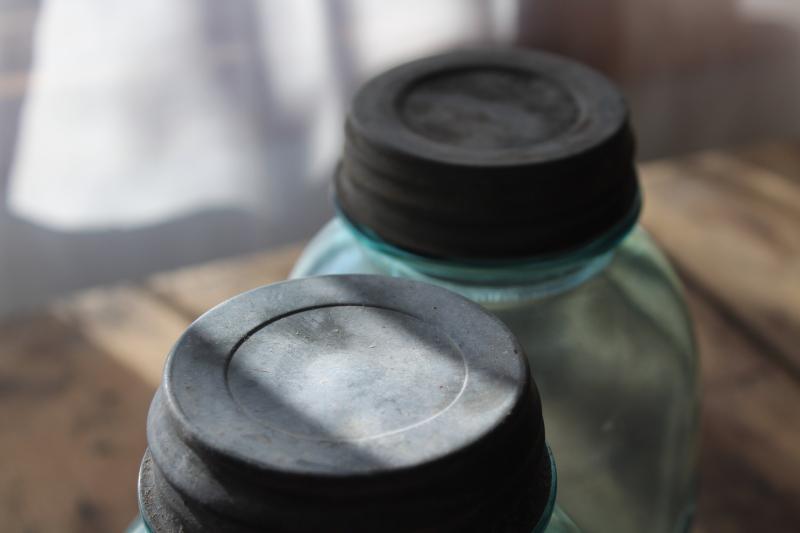 photo of big two quart size vintage Ball Mason jars w/ zinc lids, old aqua blue glass canning jars #4