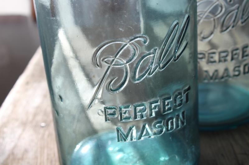 photo of big two quart size vintage Ball Mason jars w/ zinc lids, old aqua blue glass canning jars #5