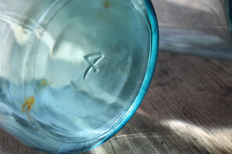 photo of big two quart size vintage Ball Mason jars w/ zinc lids, old aqua blue glass canning jars #6