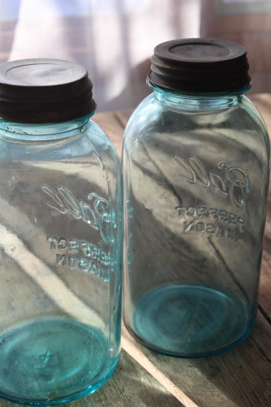 photo of big two quart size vintage Ball Mason jars w/ zinc lids, old aqua blue glass canning jars #9