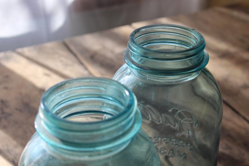 photo of big two quart size vintage Ball Mason jars w/ zinc lids, old aqua blue glass canning jars #10