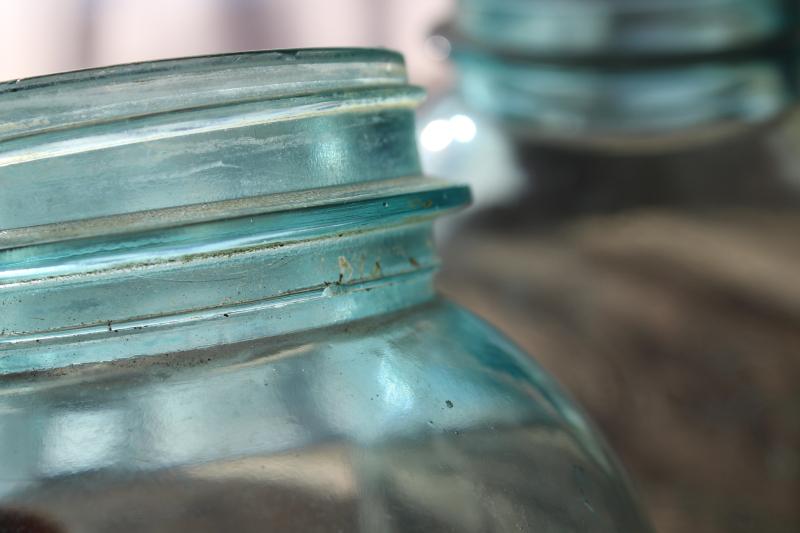 photo of big two quart size vintage Ball Mason jars w/ zinc lids, old aqua blue glass canning jars #11