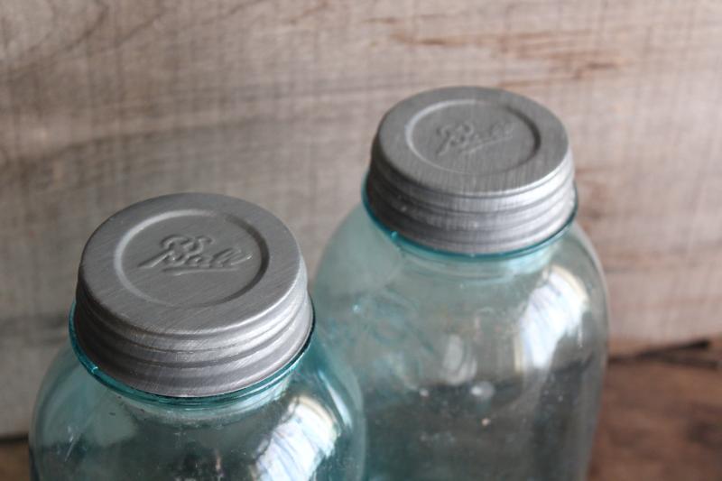 photo of big two quart size vintage Ball Mason jars w/ zinc lids, old aqua blue glass canning jars #2