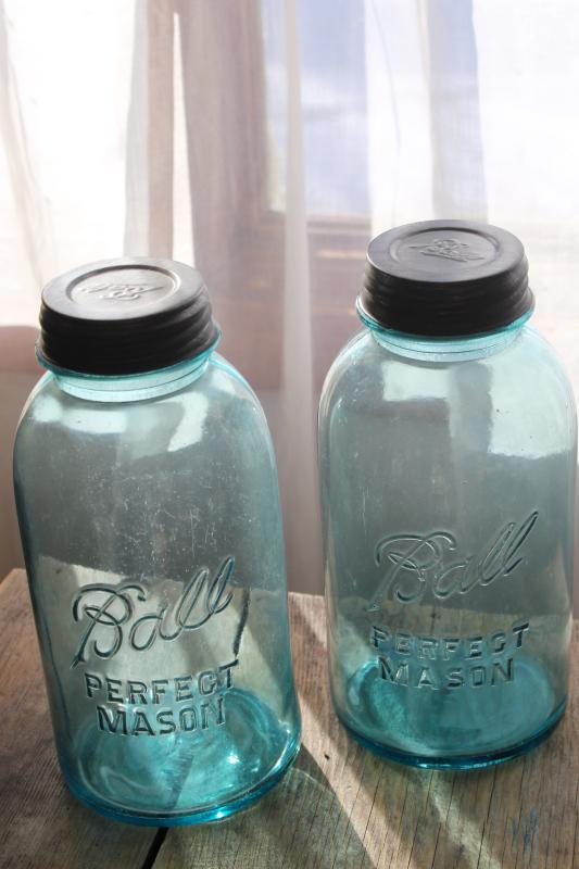 photo of big two quart size vintage Ball Mason jars w/ zinc lids, old aqua blue glass canning jars #4