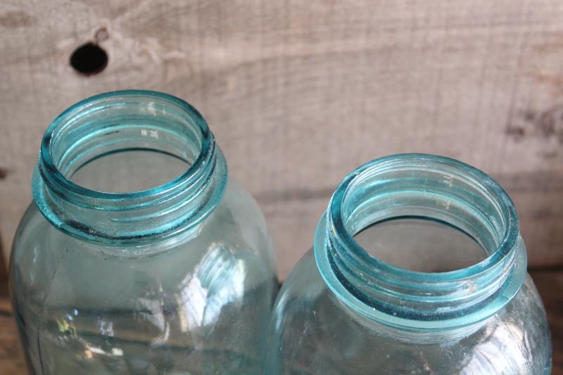 photo of big two quart size vintage Ball Mason jars w/ zinc lids, old aqua blue glass canning jars #7