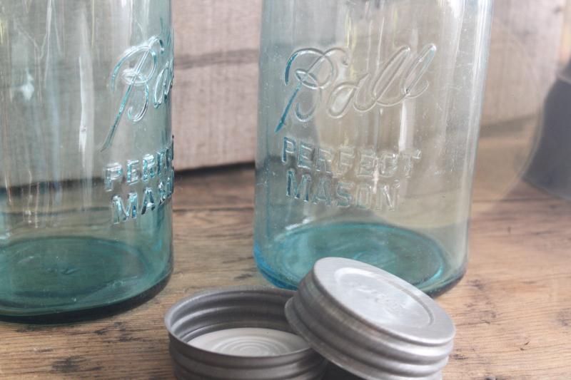 photo of big two quart size vintage Ball Mason jars w/ zinc lids, old aqua blue glass canning jars #9