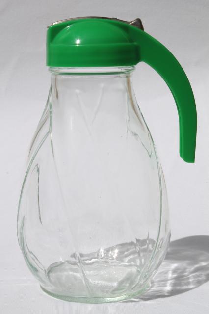 photo of big vintage glass syrup pitcher w/ green plastic dispenser lid, one quart jar #2