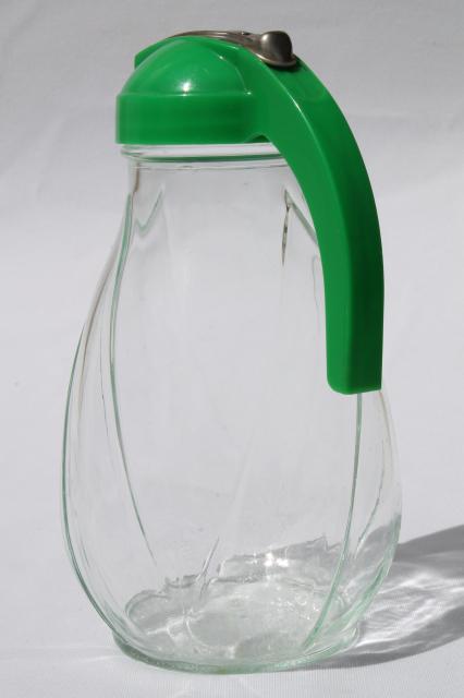 photo of big vintage glass syrup pitcher w/ green plastic dispenser lid, one quart jar #3