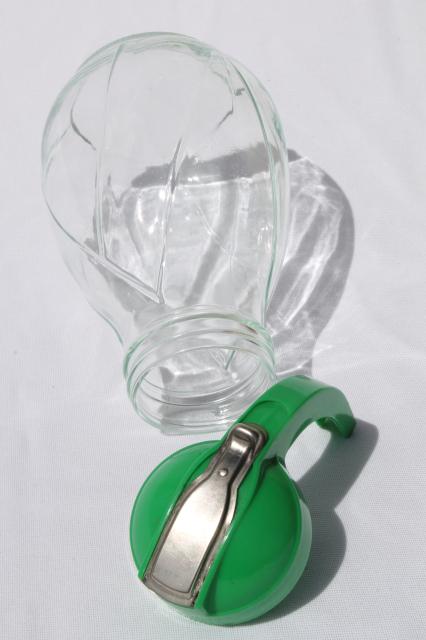 photo of big vintage glass syrup pitcher w/ green plastic dispenser lid, one quart jar #4