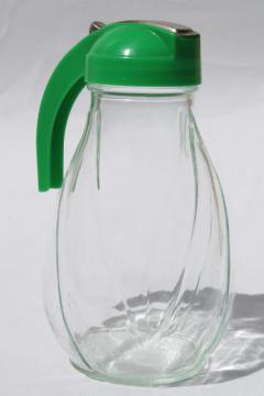 catalog photo of big vintage glass syrup pitcher w/ green plastic dispenser lid, one quart jar