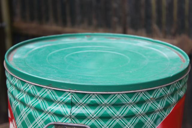 photo of big vintage red green plaid print tin bucket, metal can shortening advertising #6