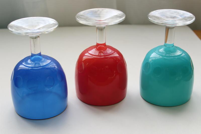 photo of big vintage wine glasses or water goblets, retro colors red aqua blue #3