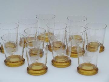 catalog photo of big-eyed goldfish vintage etched glass bar tumblers, 12 amber glasses