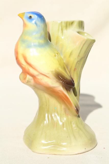 photo of bird on a branch figural ceramic bud vase, vintage Czechoslovakia hand painted china #1