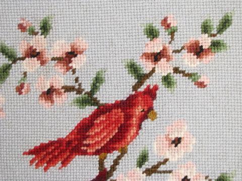 photo of birds on flowering branch, 1950s vintage framed needlepoint picture #2