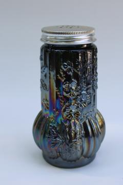 catalog photo of black amethyst carnival glass, large shaker or sugar shaker 20th century reproduction vintage glassware 