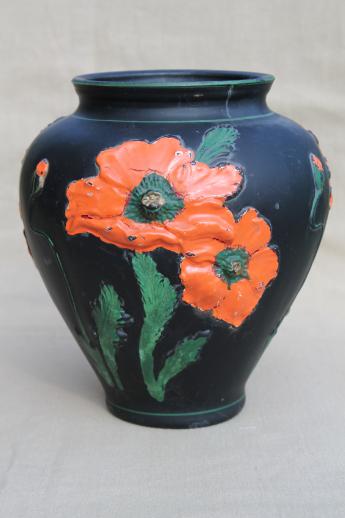 photo of black amethyst glass vase w/ painted poppies, 1930s vintage Tiffin glass poppy vase #1