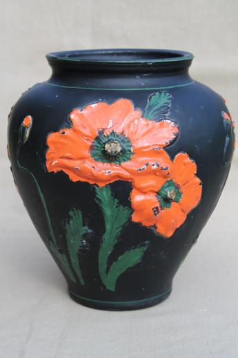 photo of black amethyst glass vase w/ painted poppies, 1930s vintage Tiffin glass poppy vase #3
