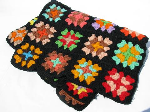 photo of black w/ brights granny squares, small child's doll size crocheted afghan, 1940s vintage #1