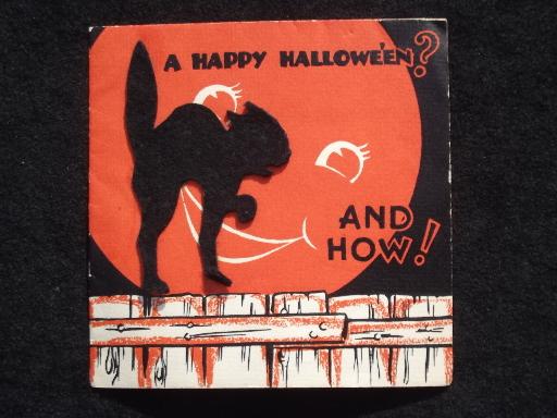 photo of black felt cat Halloween greeting card, 30s vintage Hall Brothers Hallmark #1